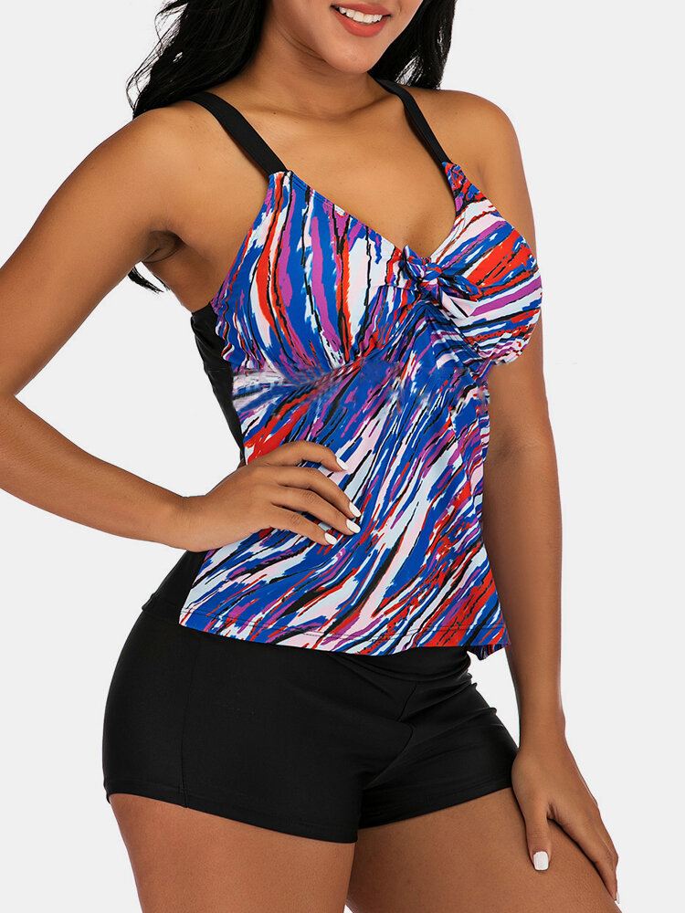 Plus Size Naisten Värikäs Stripe Print Solmio Edessä Langaton Strappy Tankinis-uimapuku