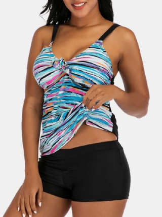 Plus Size Naisten Värikäs Stripe Print Solmio Edessä Langaton Strappy Tankinis-uimapuku