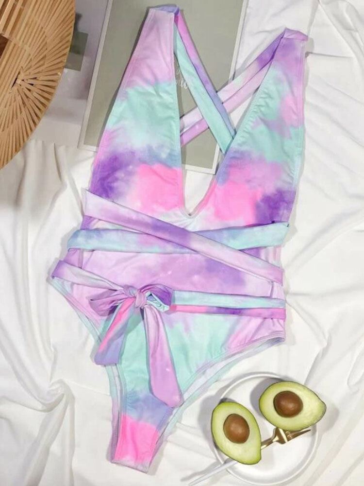 Tie Dye Backless Bandage High Fork Holiday One Piece Naisten Rantauimapuvut