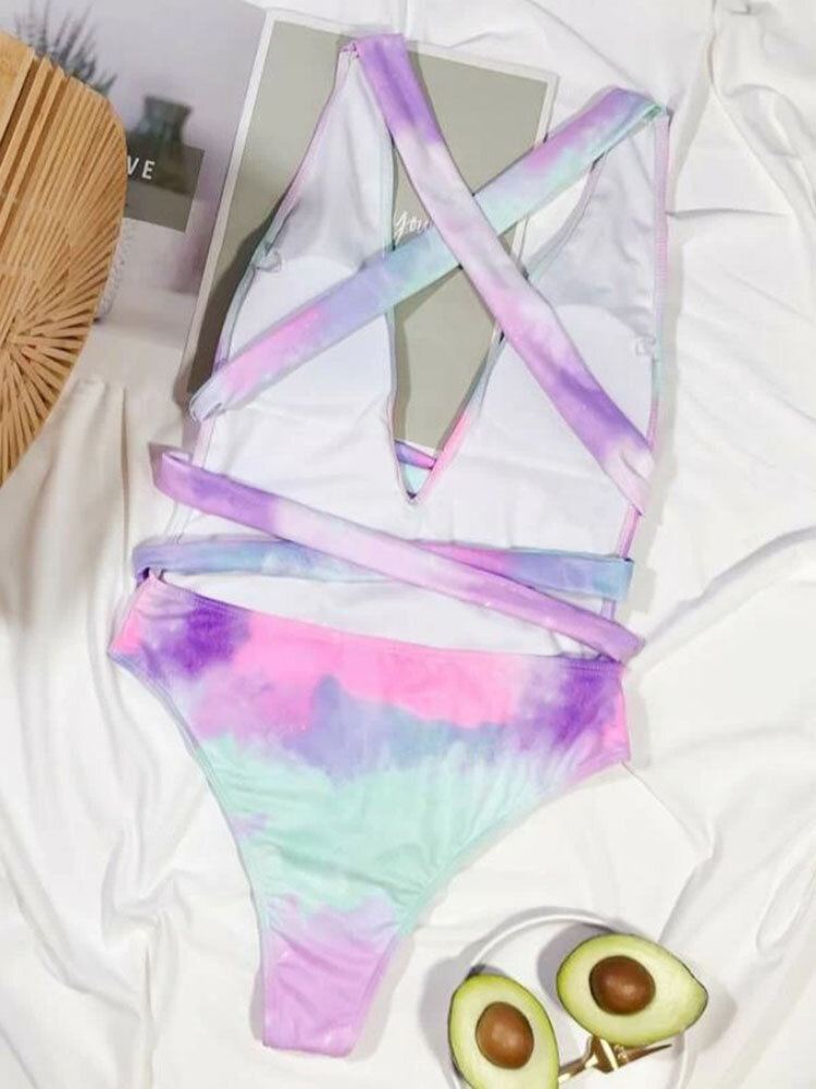 Tie Dye Backless Bandage High Fork Holiday One Piece Naisten Rantauimapuvut