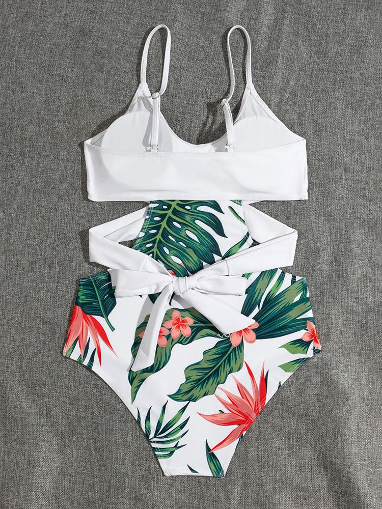 Tropical Plant Print Crisscross Cut Out Strappy One Piece Hawaii Style Naisten Uimapuvut