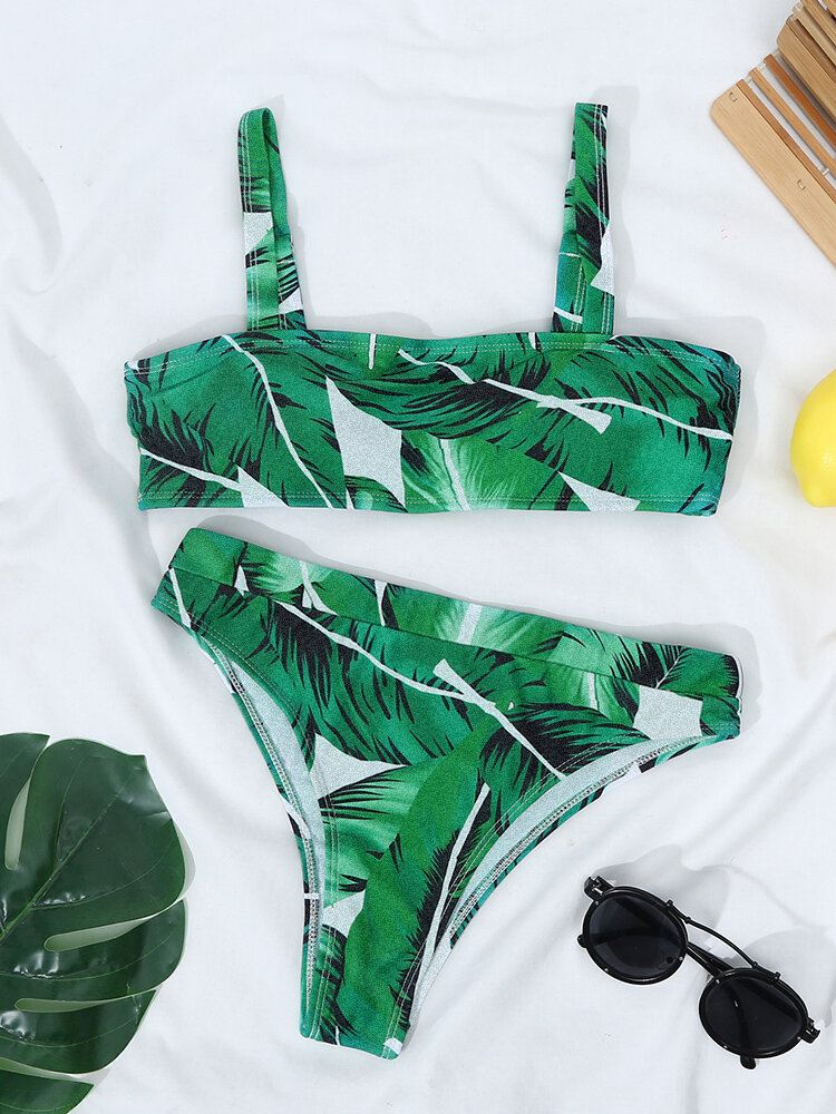 Tropical Plant Print Open Back Säädettävät Olkaimet Korkeavyötäröinen Beach Bikinit Uimapuku