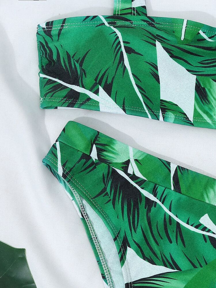 Tropical Plant Print Open Back Säädettävät Olkaimet Korkeavyötäröinen Beach Bikinit Uimapuku