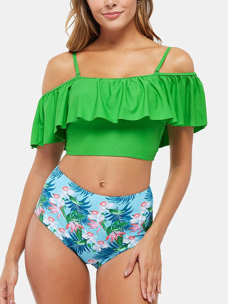 Tropical Plant Print Röyhelöt Korkeavyötäröinen Bikini Hawaii Casual Naisten Uimapuku