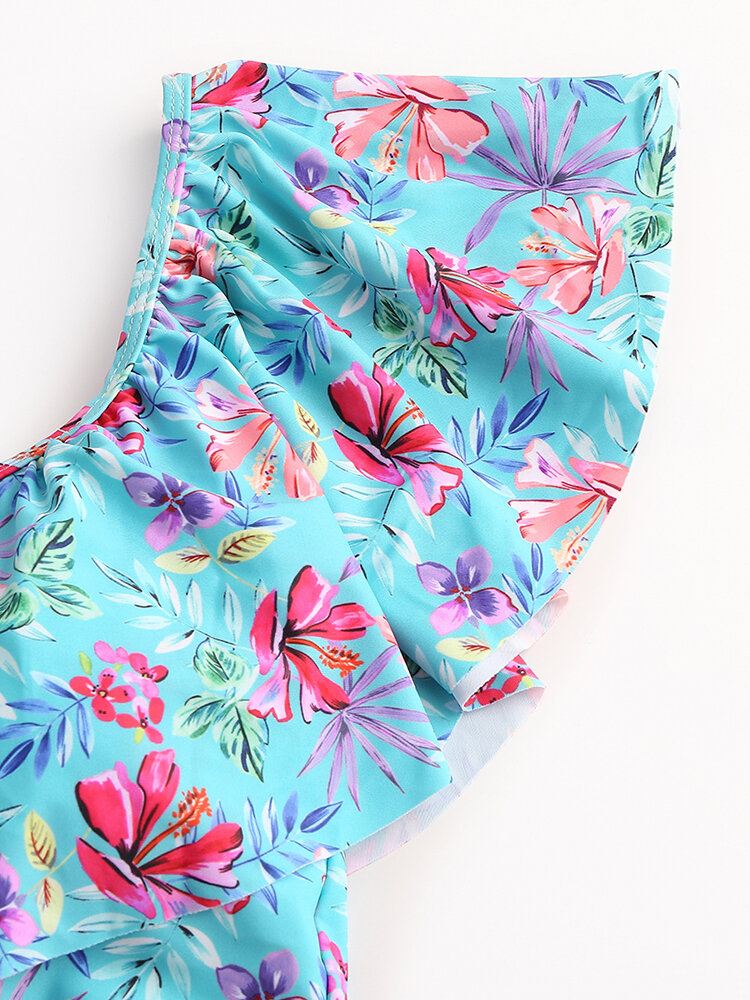 Tropical Plant Print Röyhelöt Korkeavyötäröinen Bikini Hawaii Casual Naisten Uimapuku