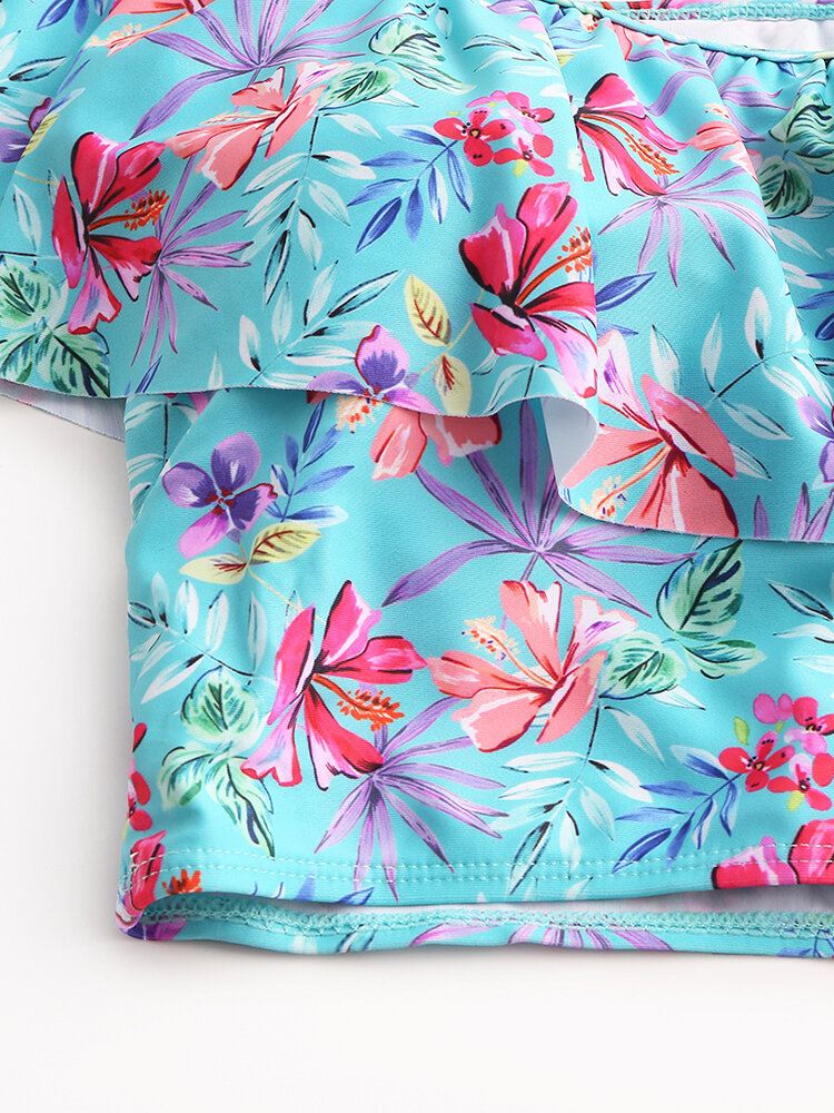 Tropical Plant Print Röyhelöt Korkeavyötäröinen Bikini Hawaii Casual Naisten Uimapuku