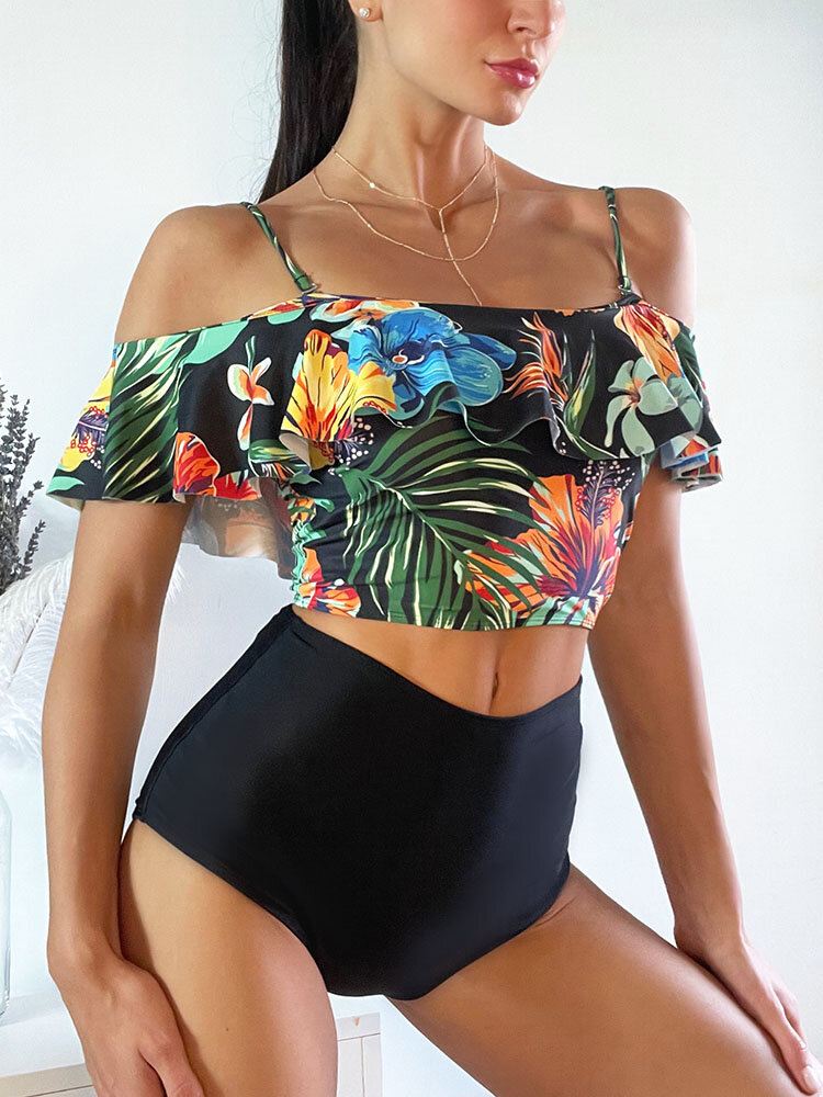 Tropical Plant Print Ruffle Spaghetti Straps Korkeavyötäröiset Bikinit Naisten Uimapuku