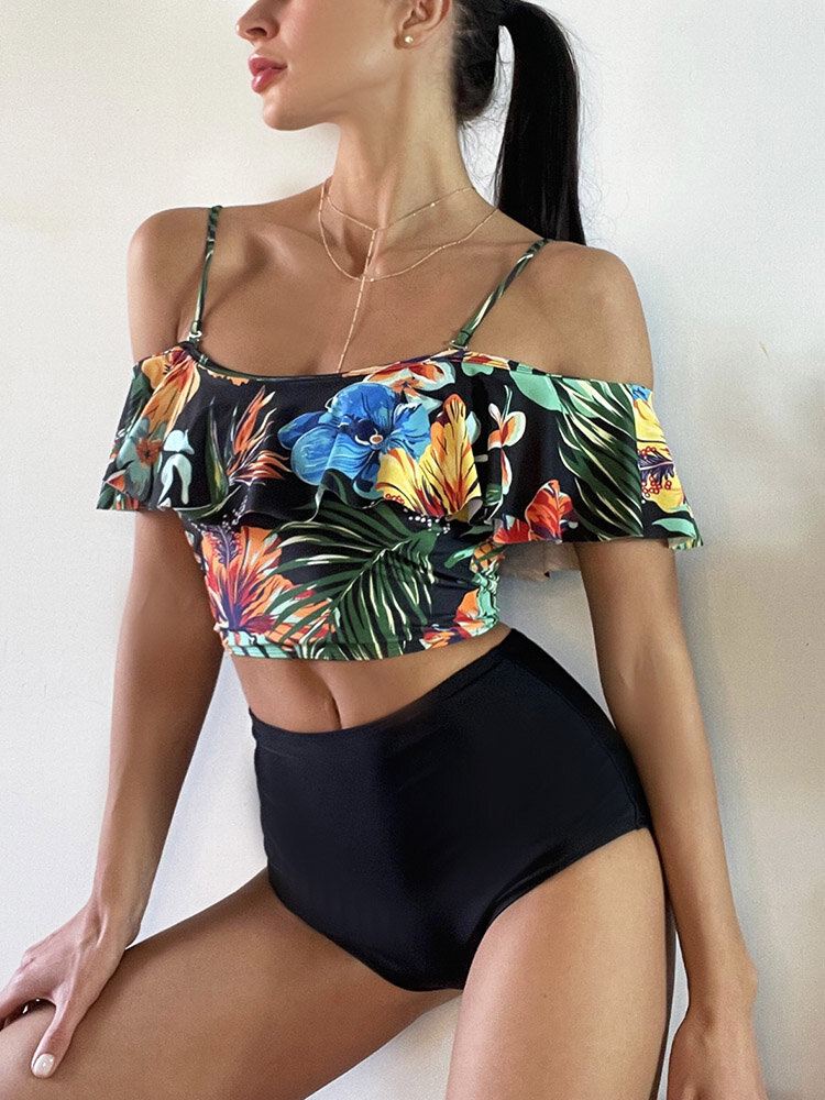 Tropical Plant Print Ruffle Spaghetti Straps Korkeavyötäröiset Bikinit Naisten Uimapuku