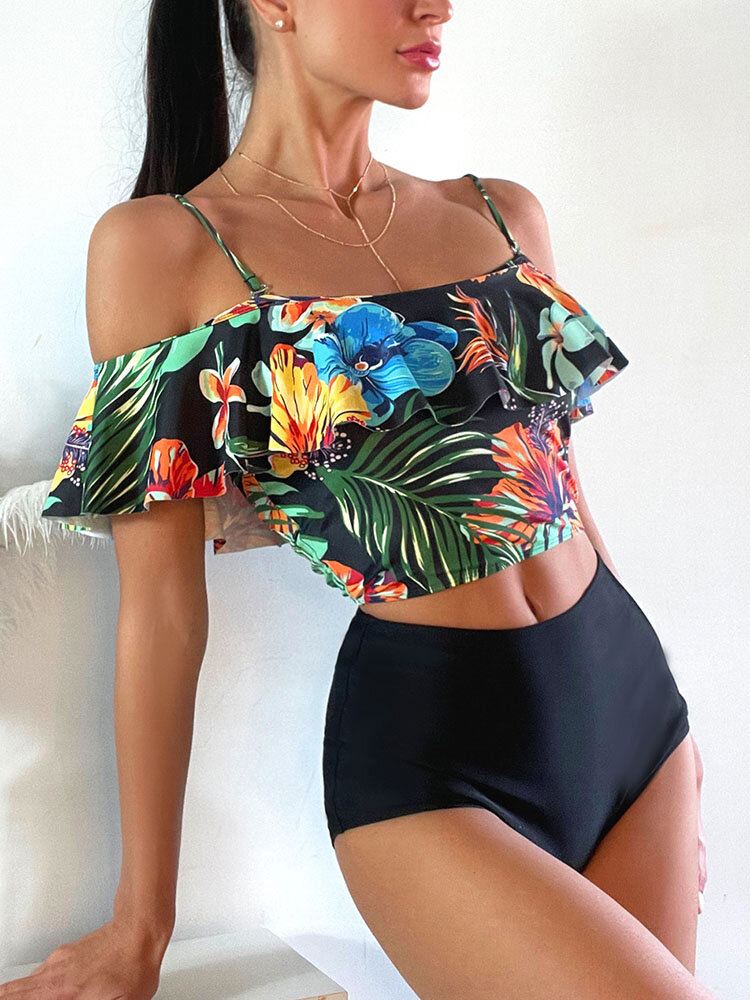 Tropical Plant Print Ruffle Spaghetti Straps Korkeavyötäröiset Bikinit Naisten Uimapuku