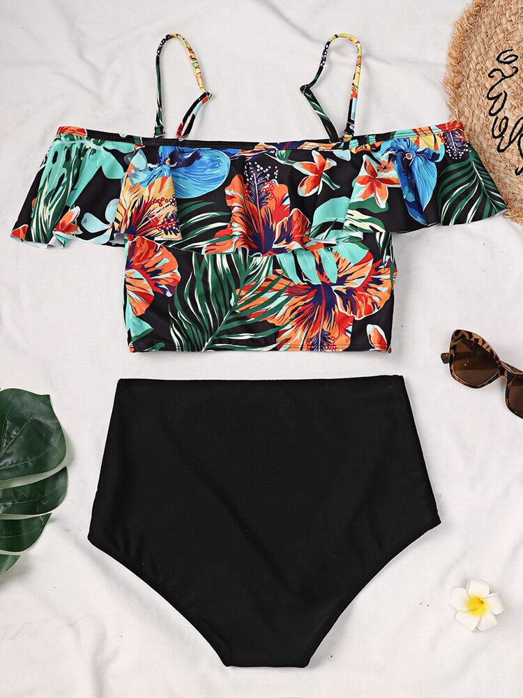 Tropical Plant Print Ruffle Spaghetti Straps Korkeavyötäröiset Bikinit Naisten Uimapuku