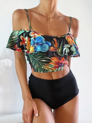 Tropical Plant Print Ruffle Spaghetti Straps Korkeavyötäröiset Bikinit Naisten Uimapuku