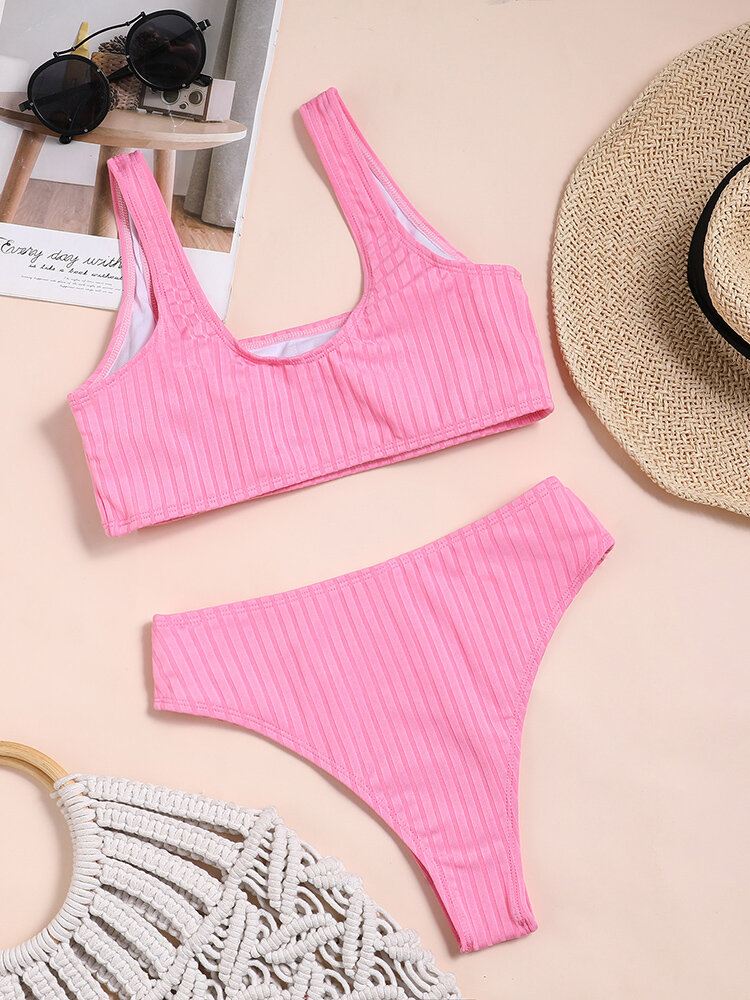 Yksiväriset Plain Stripe Vapaa-ajan Bikini-uimapuvut