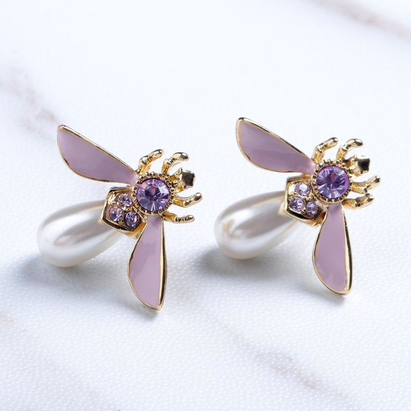 Cute Bees Ear Stud Luxury Kullattu Jalokivi Helmikorvakoru Naisille