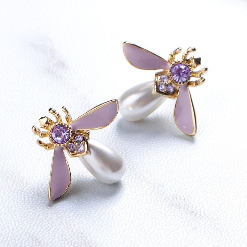 Cute Bees Ear Stud Luxury Kullattu Jalokivi Helmikorvakoru Naisille