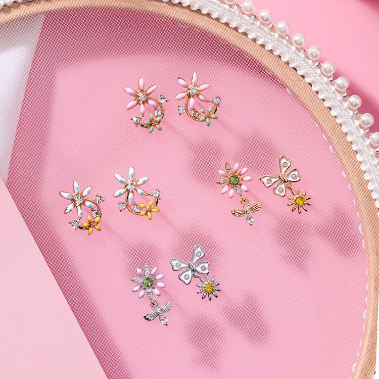 Sweet Flower Butterfly Stud Korvakorut Anallergiset Sterling Hopea Neula Strassikivi Naisten Korvakorut