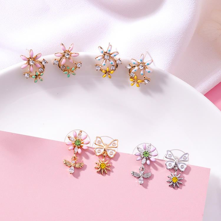 Sweet Flower Butterfly Stud Korvakorut Anallergiset Sterling Hopea Neula Strassikivi Naisten Korvakorut