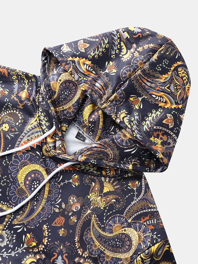 Miehet Retro Etninen Paisley Painatus Kiristysnyörillä Hupparit Kangaroo Taskut Hupullinen Paita