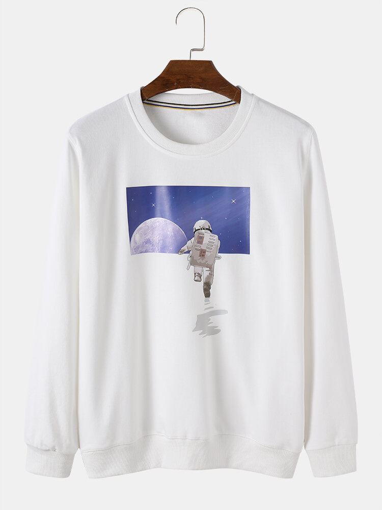 Miesten Astronaut Moon Graphic Crew Neck Cotton Casual Pusero