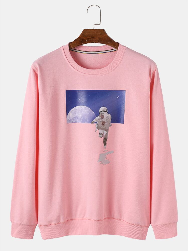 Miesten Astronaut Moon Graphic Crew Neck Cotton Casual Pusero