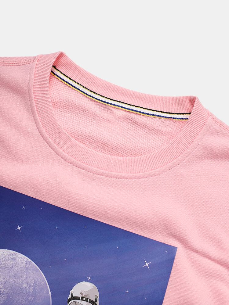 Miesten Astronaut Moon Graphic Crew Neck Cotton Casual Pusero