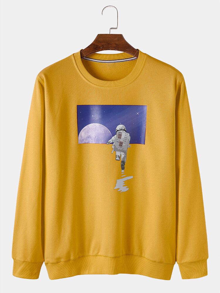 Miesten Astronaut Moon Graphic Crew Neck Cotton Casual Pusero