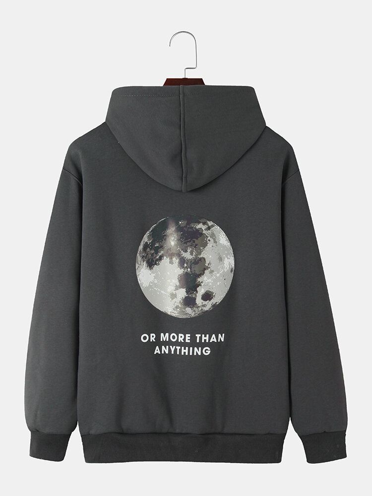 Miesten Back Moon Graphic Slogan Pehmovuorattu Lämmin Puuvillainen Kiristysnyörillinen Huppari