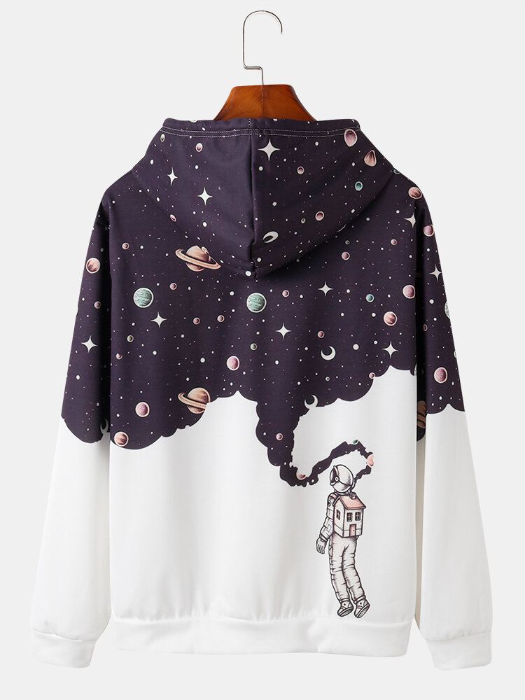 Miesten Design Astronaut Galaxy Print Pitkähihaiset Hupparit Taskulla