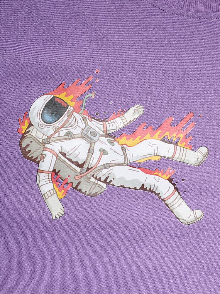 Miesten Flame Astronaut Graphic Pyöreäkaula-aukoiset Puuvillaneulepuserot