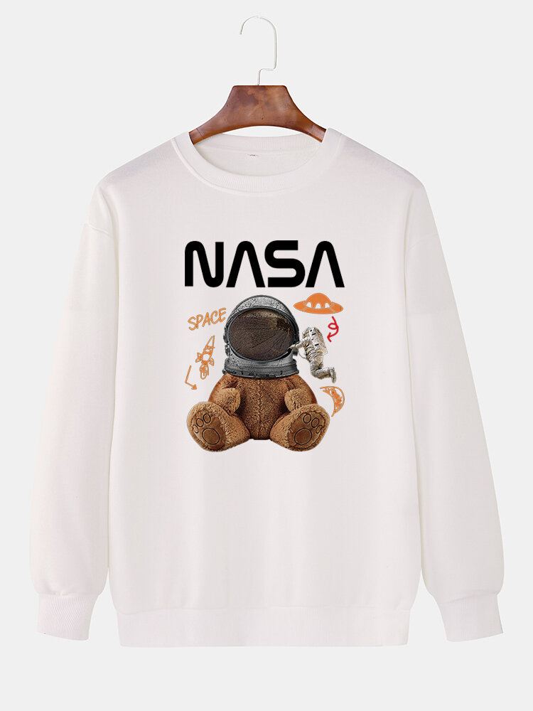 Miesten Funny Doll Bear Astronaut Print Pullover Drop Shoulder Collegepaidat