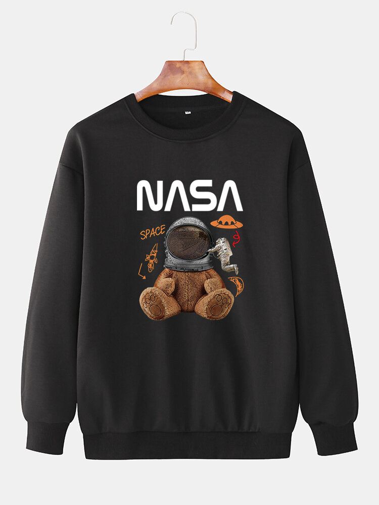 Miesten Funny Doll Bear Astronaut Print Pullover Drop Shoulder Collegepaidat