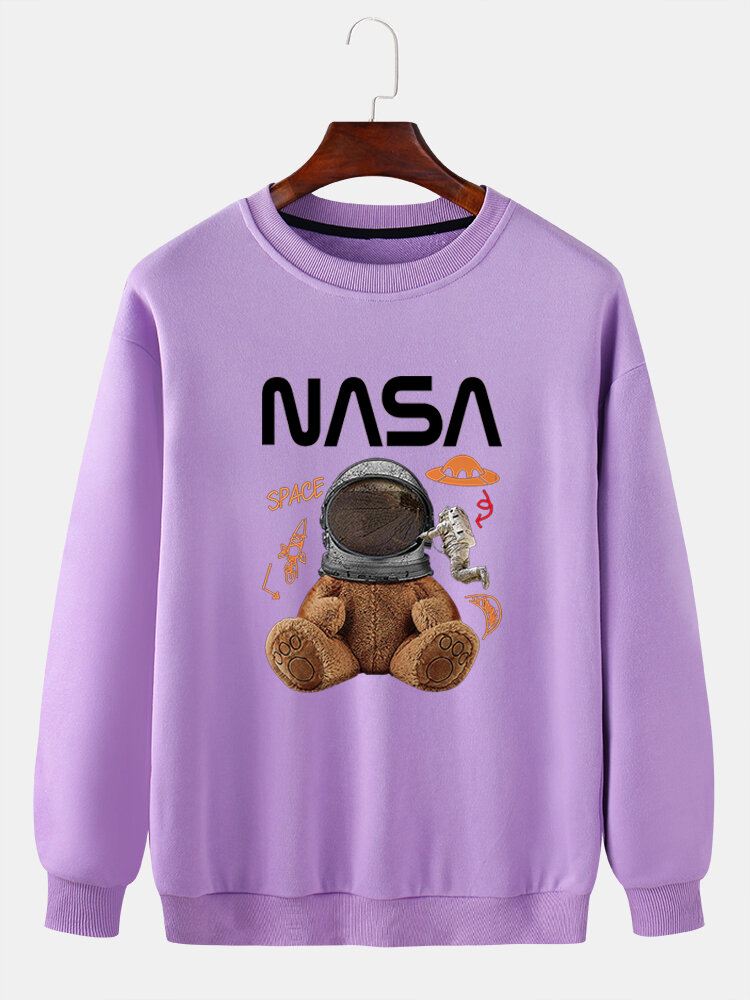 Miesten Funny Doll Bear Astronaut Print Pullover Drop Shoulder Collegepaidat