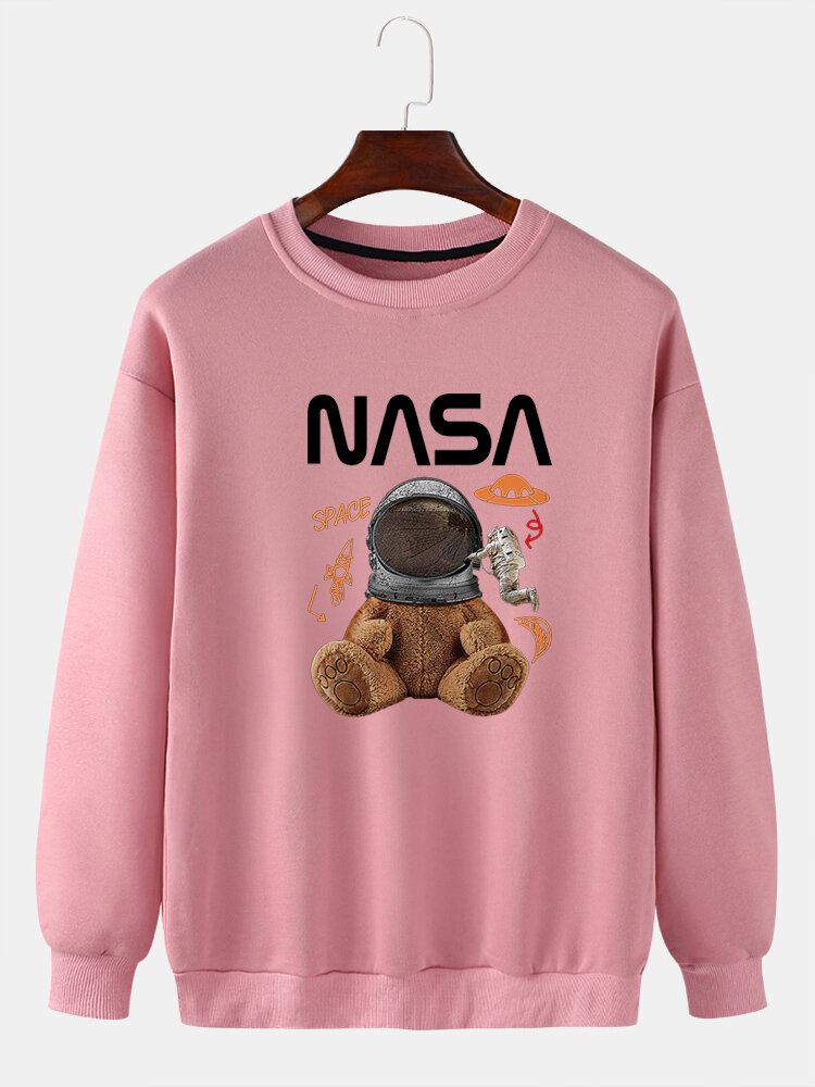 Miesten Funny Doll Bear Astronaut Print Pullover Drop Shoulder Collegepaidat