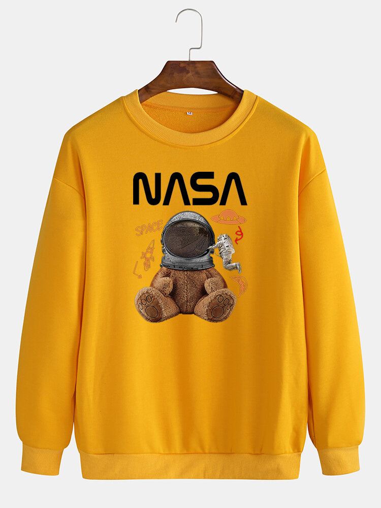 Miesten Funny Doll Bear Astronaut Print Pullover Drop Shoulder Collegepaidat