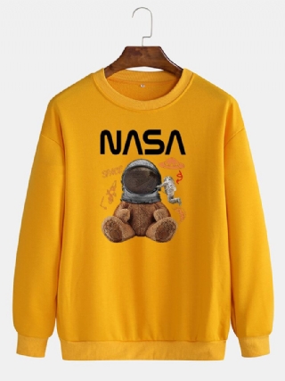 Miesten Funny Doll Bear Astronaut Print Pullover Drop Shoulder Collegepaidat