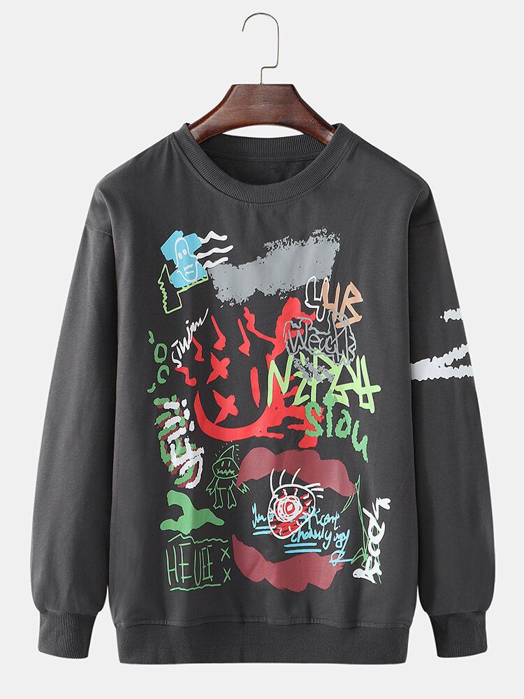 Miesten Graffitipainatus Crew Neck Cotton Drop Shoulder Pusero