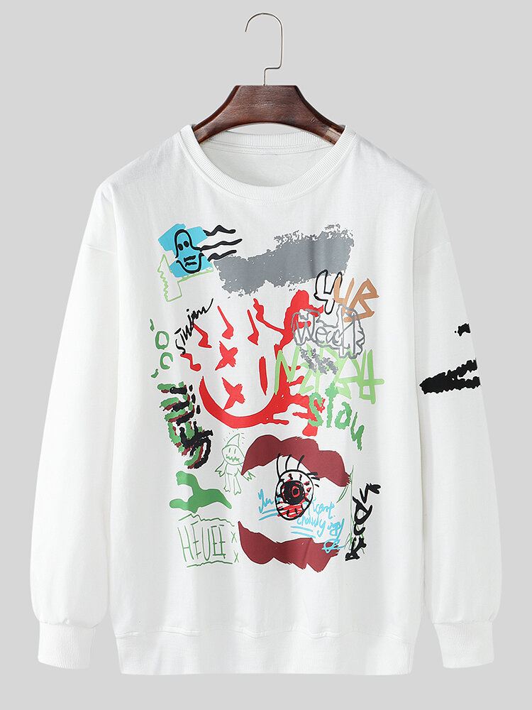 Miesten Graffitipainatus Crew Neck Cotton Drop Shoulder Pusero