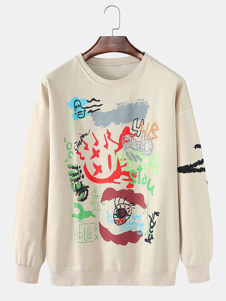 Miesten Graffitipainatus Crew Neck Cotton Drop Shoulder Pusero