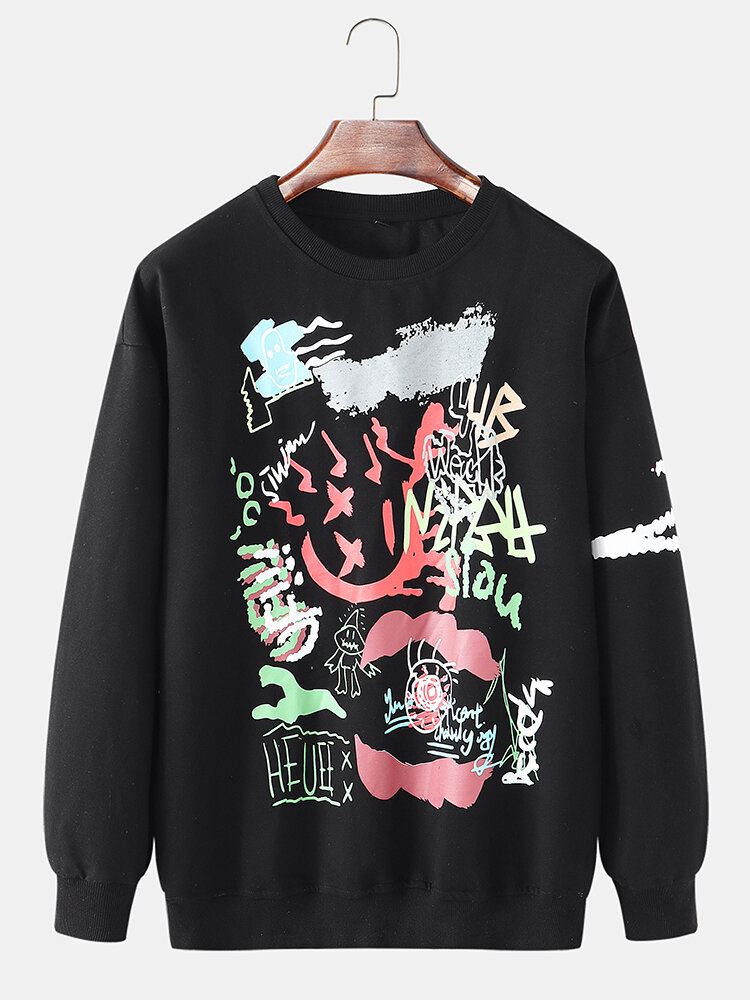 Miesten Graffitipainatus Crew Neck Cotton Drop Shoulder Pusero