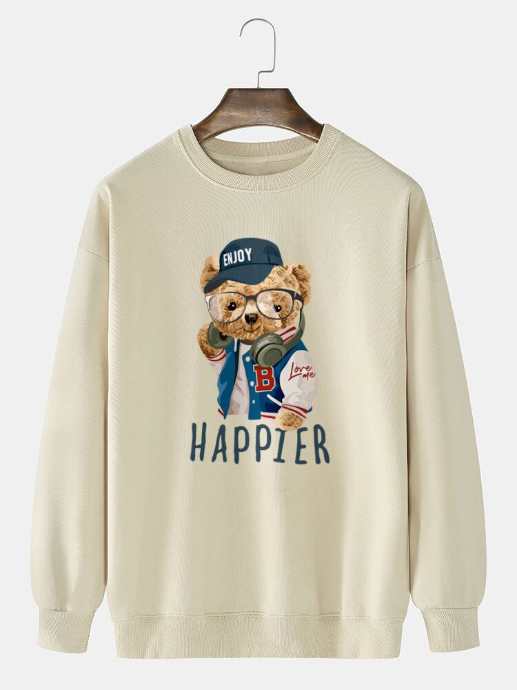 Miesten Karhun Sarjakuvaprintti Preppy Crew Neck-huppari