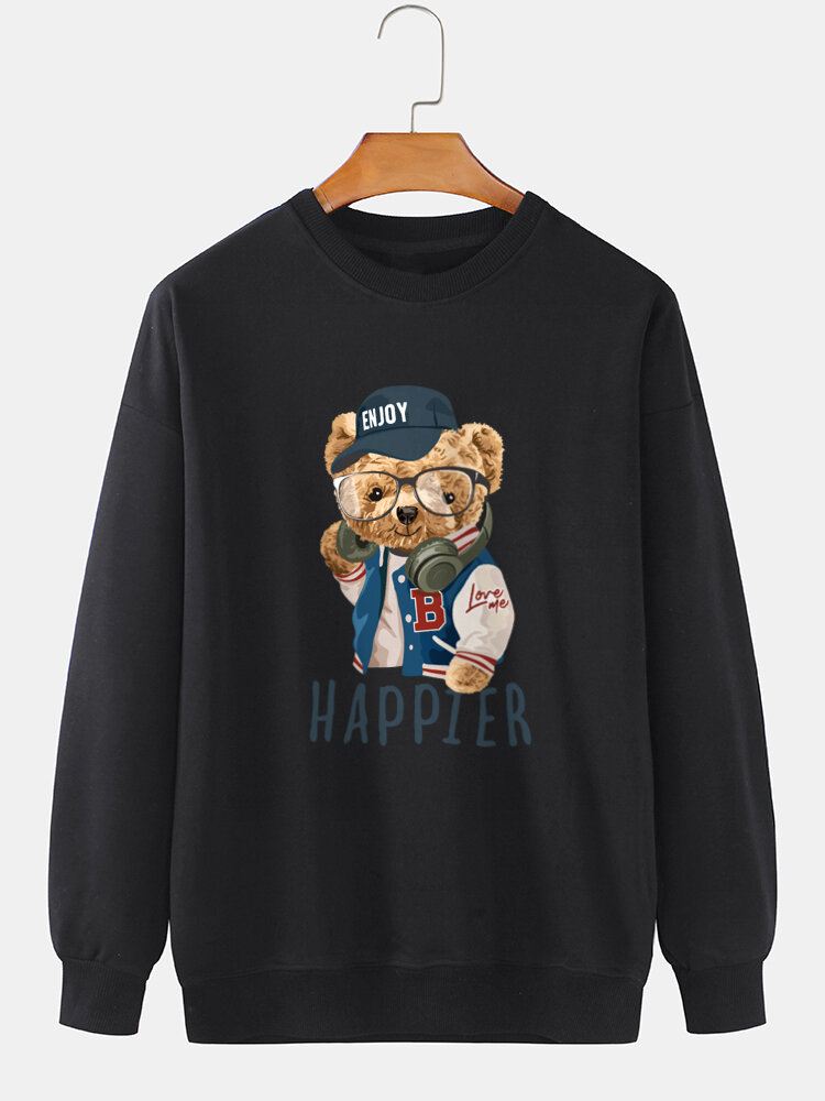 Miesten Karhun Sarjakuvaprintti Preppy Crew Neck-huppari