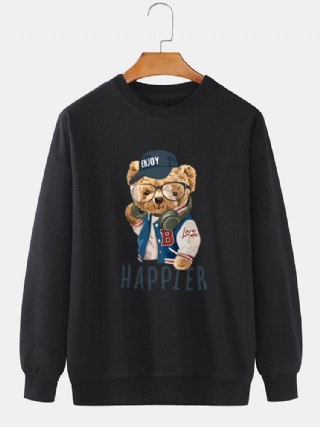 Miesten Karhun Sarjakuvaprintti Preppy Crew Neck-huppari