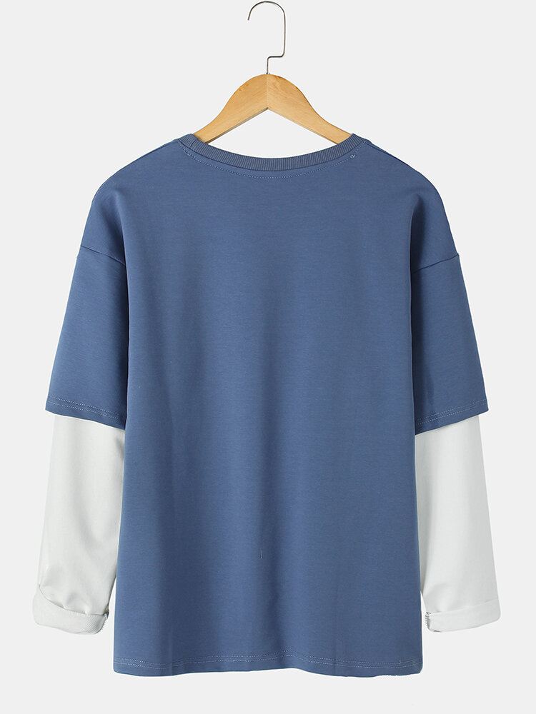 Miesten Keinotekoinen Twinset Kaksisävyinen Patchwork Crew Neck Rento Puuvillainen Villapaita