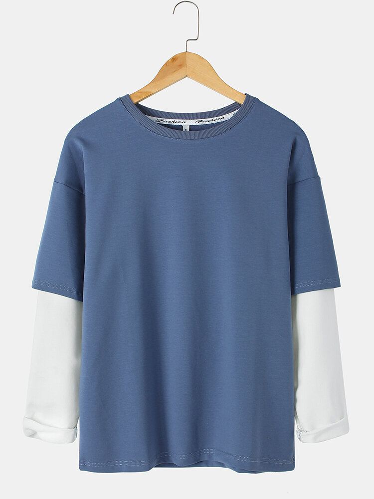 Miesten Keinotekoinen Twinset Kaksisävyinen Patchwork Crew Neck Rento Puuvillainen Villapaita