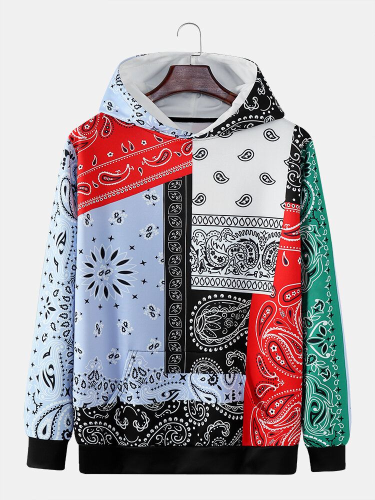 Miesten Paisley Contrast Color Patchwork Kangaroo Taskuhuppari