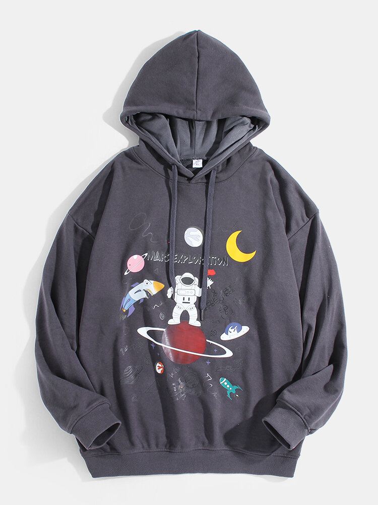 Miesten Sarjakuva Astronaut Planet Print Drop Shoulder Cotton Söpöt Hupparit