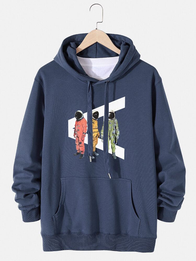 Miesten Sarjakuva Astronaut Print Casual Pullover-huppari Kengurutaskulla