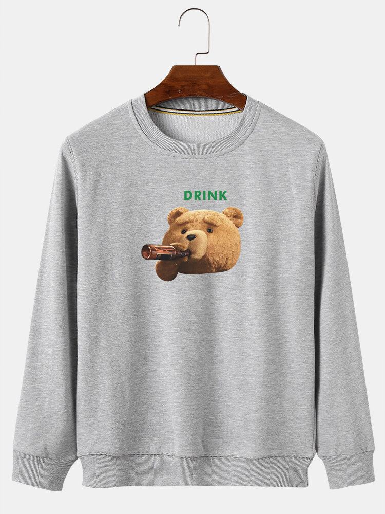 Miesten Sarjakuva Drink Bear Print Crew Neck Cotton Casual Pullover Collegepaidat