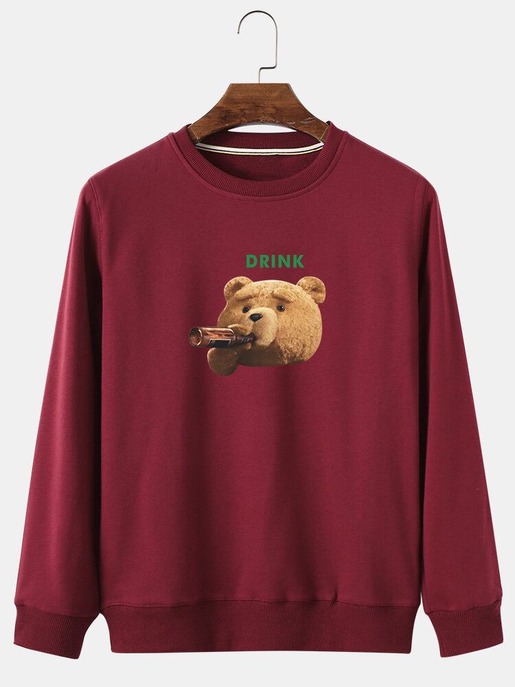 Miesten Sarjakuva Drink Bear Print Crew Neck Cotton Casual Pullover Collegepaidat