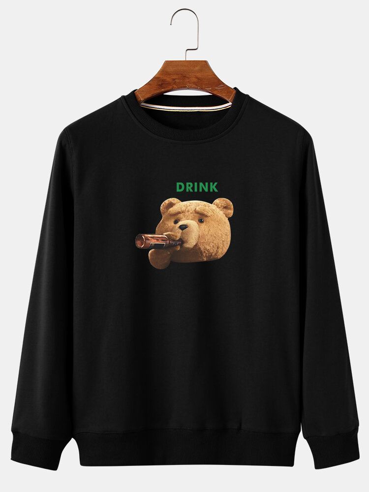 Miesten Sarjakuva Drink Bear Print Crew Neck Cotton Casual Pullover Collegepaidat