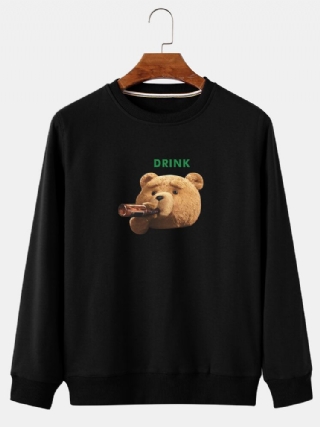 Miesten Sarjakuva Drink Bear Print Crew Neck Cotton Casual Pullover Collegepaidat